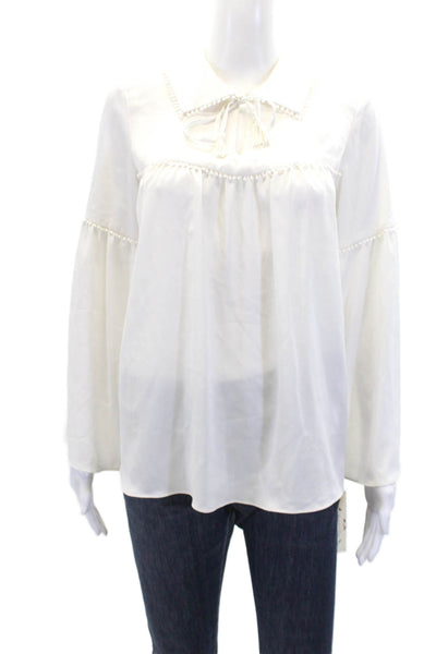 Nanette Nanette Lepore Womens Collared Pom Pom Detail V-Neck Blouse White Size S