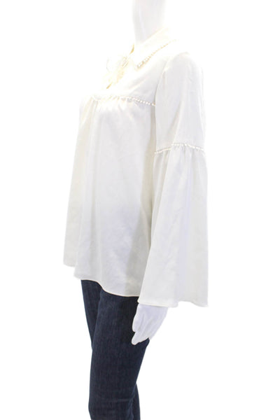 Nanette Nanette Lepore Womens Collared Pom Pom Detail V-Neck Blouse White Size S