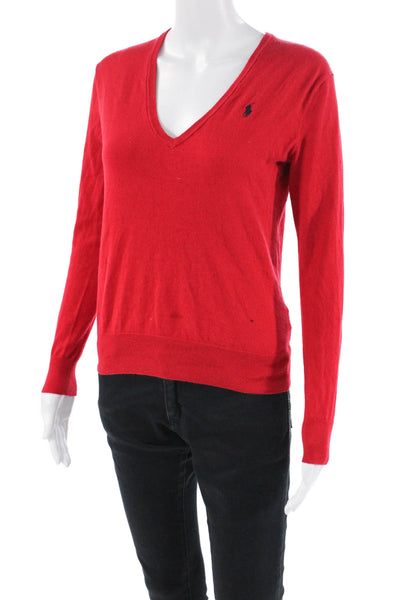 Polo Ralph Lauren Womens Cotton V-Neck Long Sleeve Knit Top Red Size XS