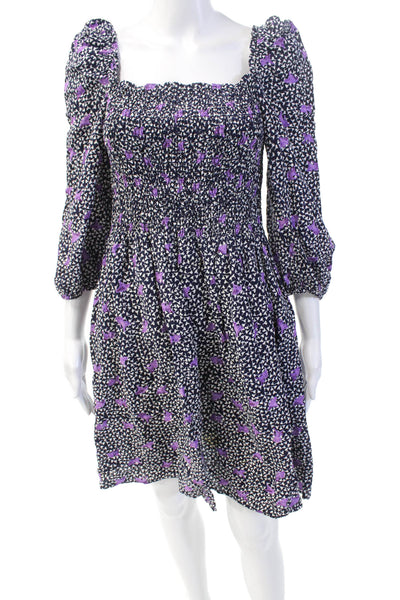 Maje Womens Square Neck Peasant Sleeve Smocked Detail Dress Blue Size 38