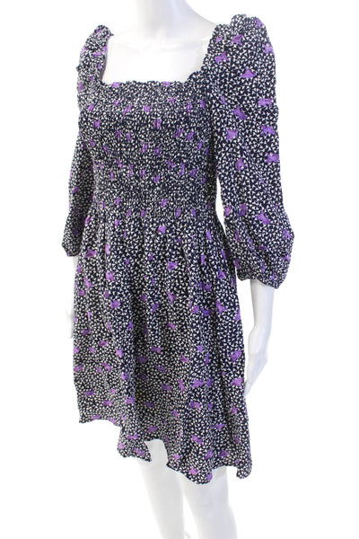 Maje Womens Square Neck Peasant Sleeve Smocked Detail Dress Blue Size 38