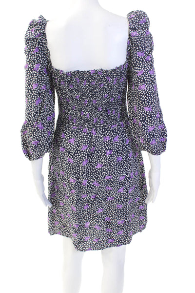 Maje Womens Square Neck Peasant Sleeve Smocked Detail Dress Blue Size 38