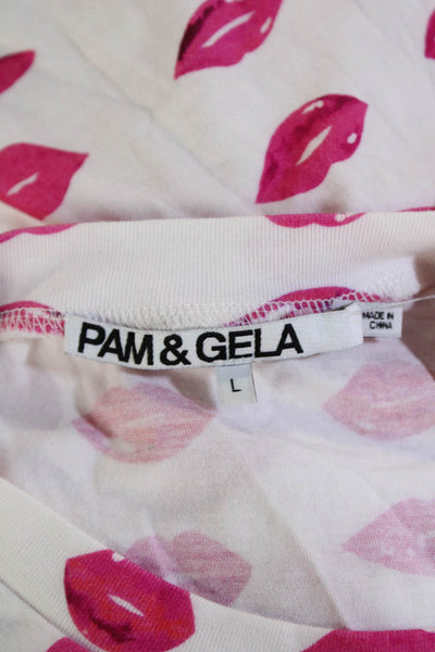 Pam & Gela Womens Cotton Crew Neck Short Sleeve Lip Print T-Shirt White Size L