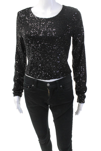 Z Supply Womens Sequin Round Neck Long Sleeve Cropped Blouse Top Black Size M
