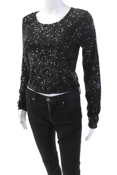 Z Supply Womens Sequin Round Neck Long Sleeve Cropped Blouse Top Black Size M