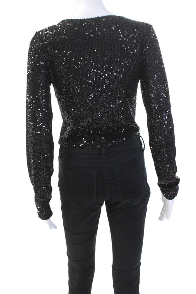 Z Supply Womens Sequin Round Neck Long Sleeve Cropped Blouse Top Black Size M