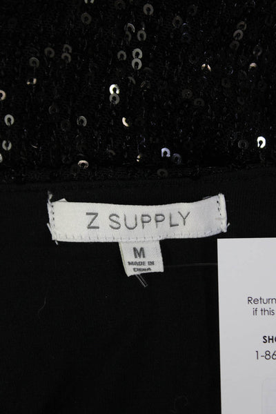 Z Supply Womens Sequin Round Neck Long Sleeve Cropped Blouse Top Black Size M