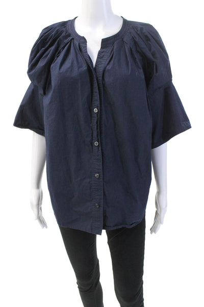 A.L.C. Womens Cotton V-Neck Short Sleeve Button Up Blouse Top Navy Size 6