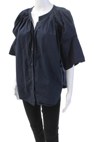 A.L.C. Womens Cotton V-Neck Short Sleeve Button Up Blouse Top Navy Size 6