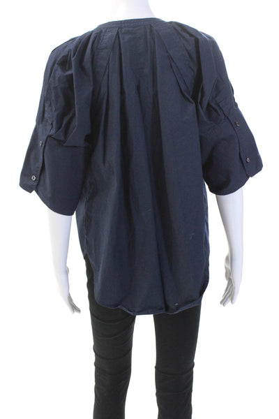 A.L.C. Womens Cotton V-Neck Short Sleeve Button Up Blouse Top Navy Size 6