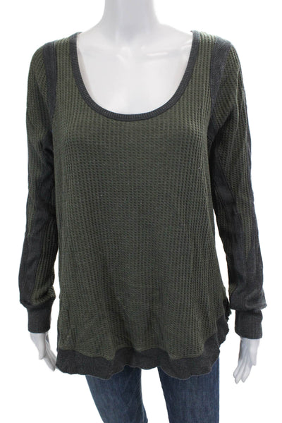 Free People Womens Long Sleeve Scoop Neck Waffle Knit Sweater Gray Green Medium