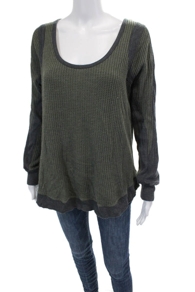 Free People Womens Long Sleeve Scoop Neck Waffle Knit Sweater Gray Green Medium