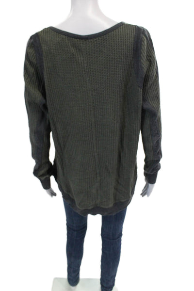 Free People Womens Long Sleeve Scoop Neck Waffle Knit Sweater Gray Green Medium