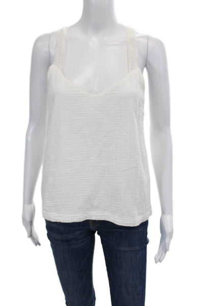 Suncoo Womens Open Knit Strap V Neck Knit Boxy Top White Cotton Size 1