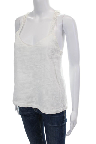 Suncoo Womens Open Knit Strap V Neck Knit Boxy Top White Cotton Size 1