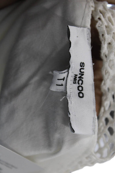 Suncoo Womens Open Knit Strap V Neck Knit Boxy Top White Cotton Size 1