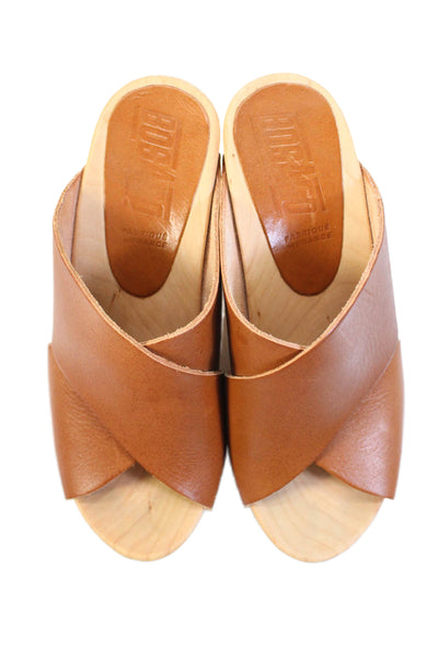 Bosado Womens Leather Cross Strap Slide On Sandal Heels Brown Size 36 6