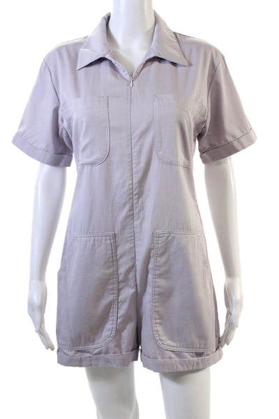 Rivet.Utility Womens Short Sleeve Zip Up Cuffed Hem Collared Romper Lilac Size S