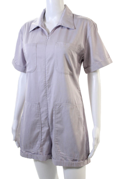 Rivet.Utility Womens Short Sleeve Zip Up Cuffed Hem Collared Romper Lilac Size S