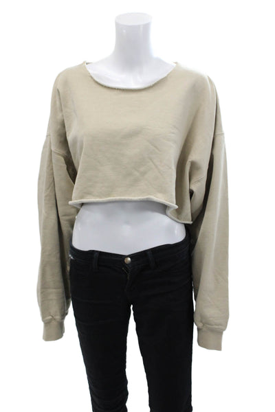 John Galt Womens Cotton Raw Hem Detail Cropped Sweatshirt Solid Beige Size M