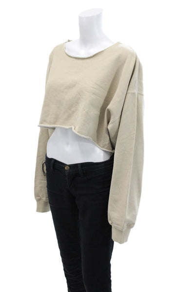 John Galt Womens Cotton Raw Hem Detail Cropped Sweatshirt Solid Beige Size M