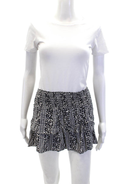 Alice + Olivia Womens Smocked Waistband Tiered Floral Mini Skirt Black White 4