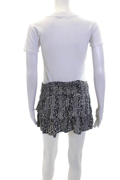 Alice + Olivia Womens Smocked Waistband Tiered Floral Mini Skirt Black White 4