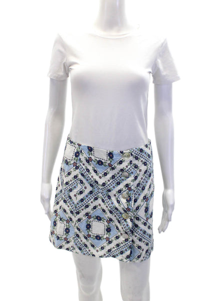 Tularosa Womens Button Front Floral Printed Mini Skirt White Blue Size Medium