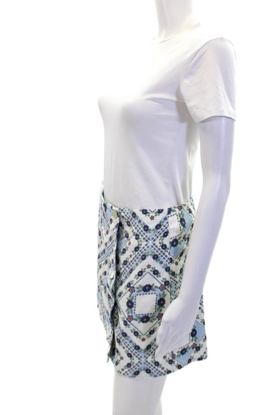Tularosa Womens Button Front Floral Printed Mini Skirt White Blue Size Medium