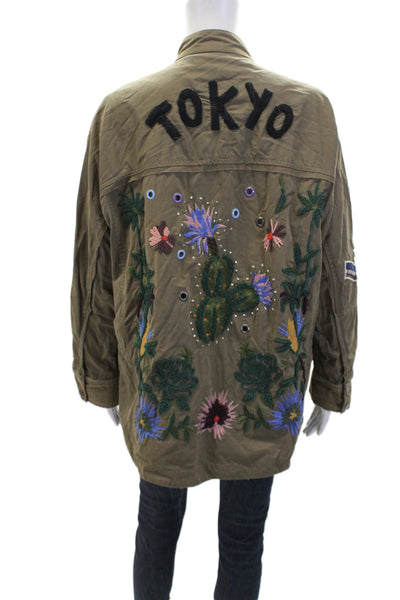 Zara Woman Womens Cotton Beaded Detail Embroidered Detail Jacket Green Size S