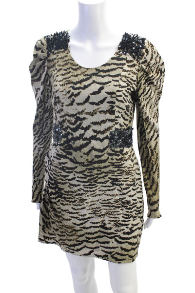 Madison Marcus Womens Silk Animal Print Long Sleeve Mini Dress Beige Size M