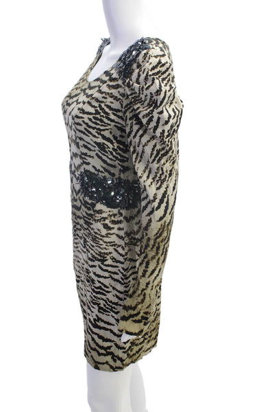 Madison Marcus Womens Silk Animal Print Long Sleeve Mini Dress Beige Size M