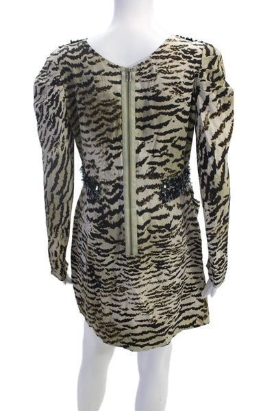 Madison Marcus Womens Silk Animal Print Long Sleeve Mini Dress Beige Size M