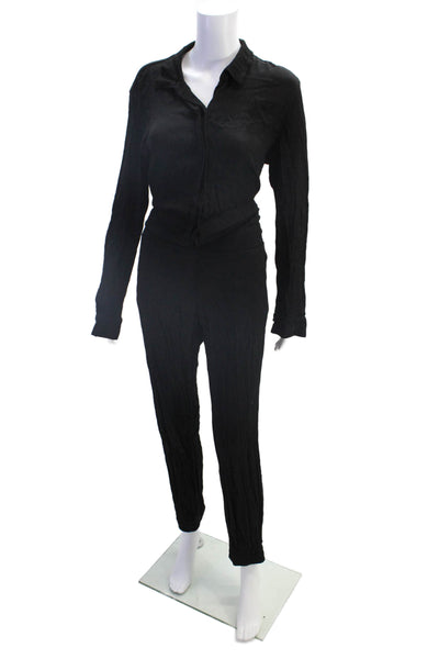 Monrow Womens Long Sleeve Buttoned Collared Jumpsuit Solid Black Size L