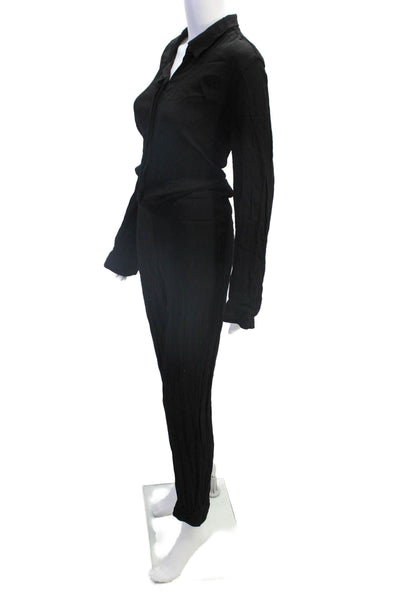 Monrow Womens Long Sleeve Buttoned Collared Jumpsuit Solid Black Size L