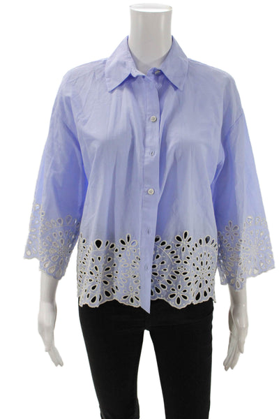 Zara Womens Cotton Eyelet Detail Long Sleeve Button Up Blouse Top Blue Size S