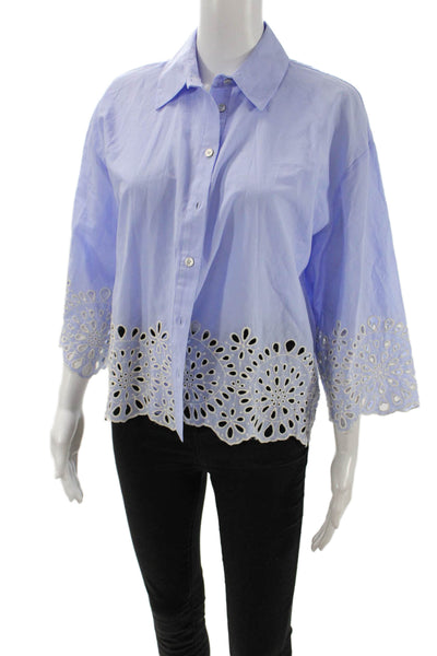 Zara Womens Cotton Eyelet Detail Long Sleeve Button Up Blouse Top Blue Size S