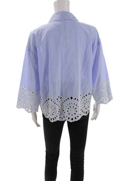 Zara Womens Cotton Eyelet Detail Long Sleeve Button Up Blouse Top Blue Size S