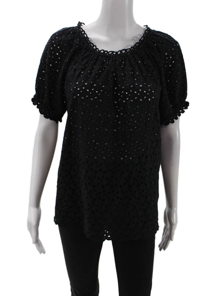 Velvet Womens Cotton Eyelet Detail Short Sleeve Pullover Blouse Top Black Size S