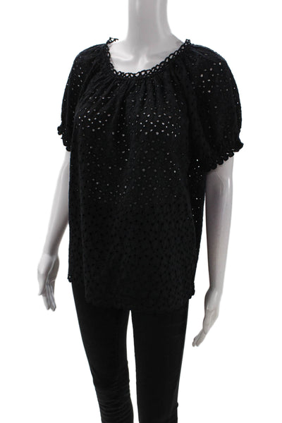 Velvet Womens Cotton Eyelet Detail Short Sleeve Pullover Blouse Top Black Size S