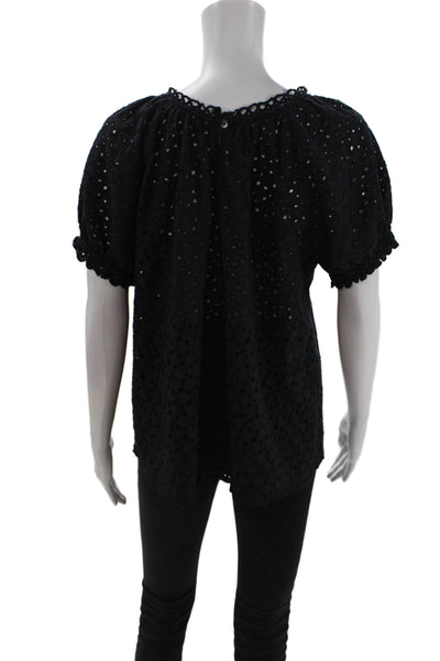 Velvet Womens Cotton Eyelet Detail Short Sleeve Pullover Blouse Top Black Size S