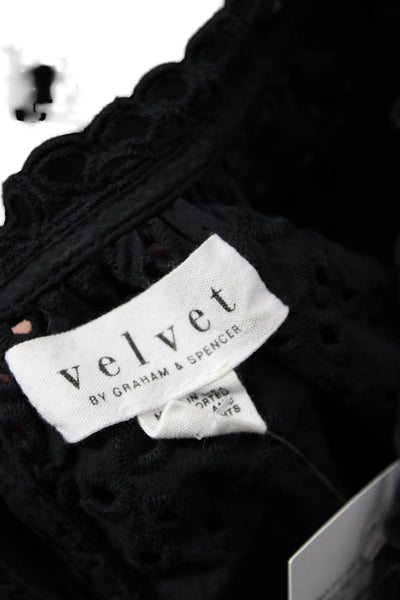 Velvet Womens Cotton Eyelet Detail Short Sleeve Pullover Blouse Top Black Size S