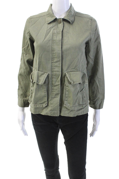 me.n.u. Womens Cotton Graphic Back Collared Button Down Jacket Green Size M