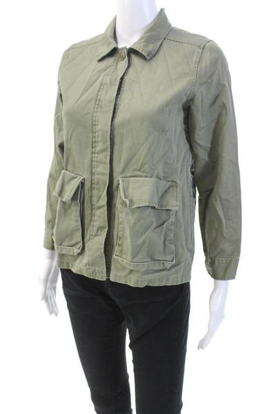 me.n.u. Womens Cotton Graphic Back Collared Button Down Jacket Green Size M