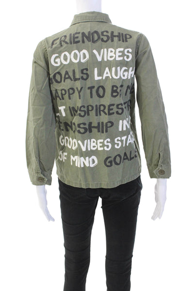 me.n.u. Womens Cotton Graphic Back Collared Button Down Jacket Green Size M