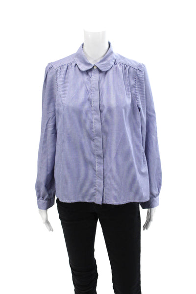 Pomander Place Womens Striped Print Round Collar Button Down Shirt Blue Size M