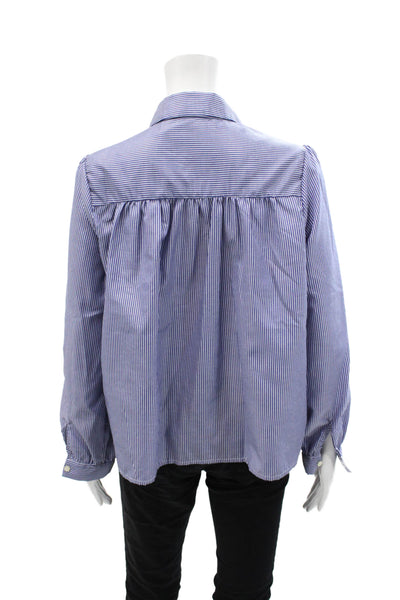 Pomander Place Womens Striped Print Round Collar Button Down Shirt Blue Size M