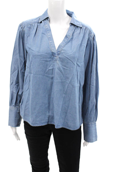 Madewell Womens Denim Print Collared V-Neck Long Sleeve Blouse Blue Size S