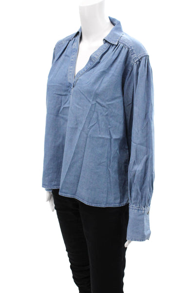 Madewell Womens Denim Print Collared V-Neck Long Sleeve Blouse Blue Size S