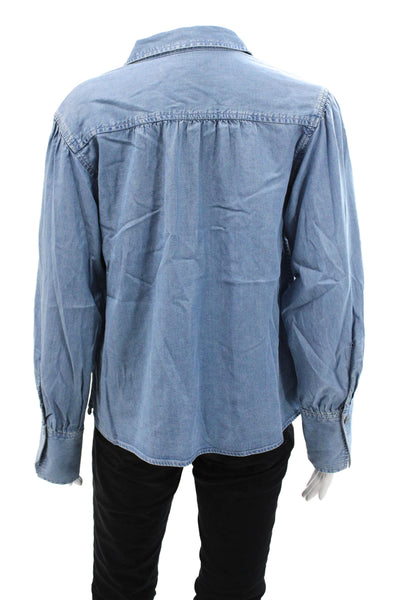 Madewell Womens Denim Print Collared V-Neck Long Sleeve Blouse Blue Size S